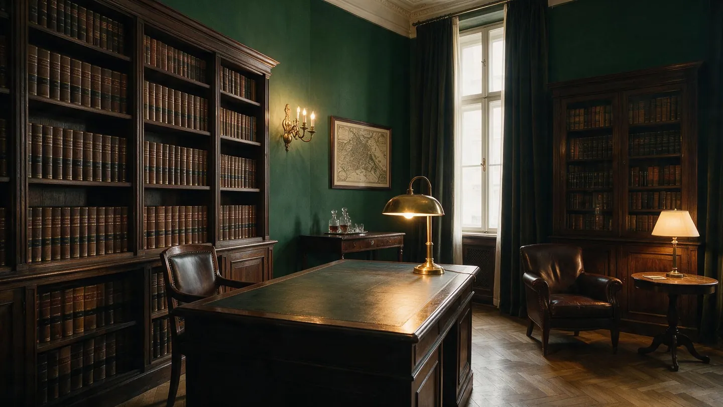 Traditionelle Kanzlei mit dunklen Bücherwänden und Messinglampe