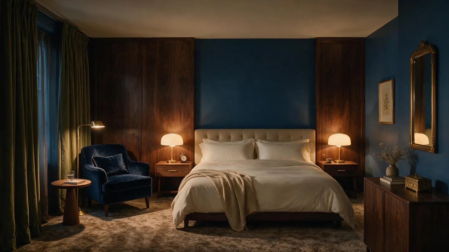 Dunkel gehaltene Hotelsuite mit Samtsessel und Messinglampe