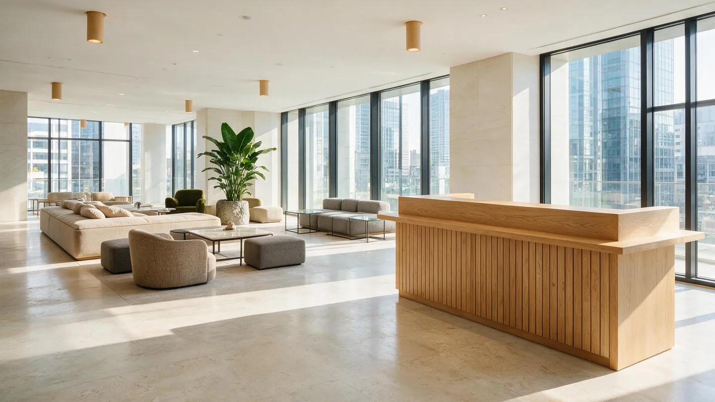 Helle Hotellobby mit hellem Holz und Sitzgruppe