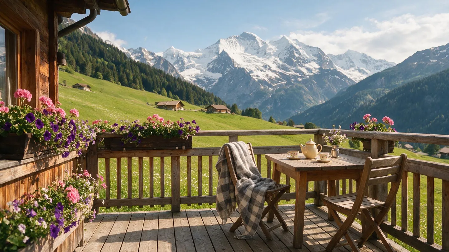 Sonniger Balkon eines Alpengasthofs mit Blumenkisten und Bergblick