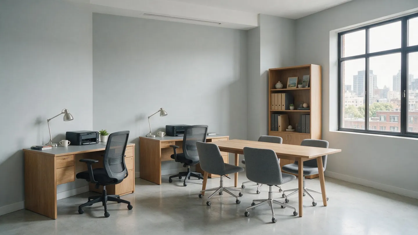 Ruhiges Büro mit zwei Arbeitsplätzen und Besprechungstisch