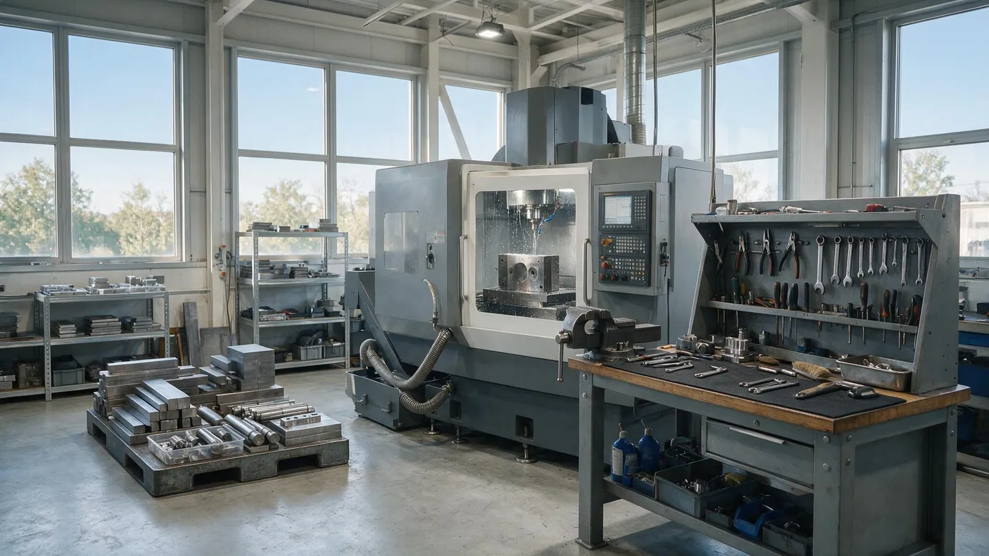 Kleiner moderner Fertigungsbetrieb mit CNC-Maschine und Werkbank