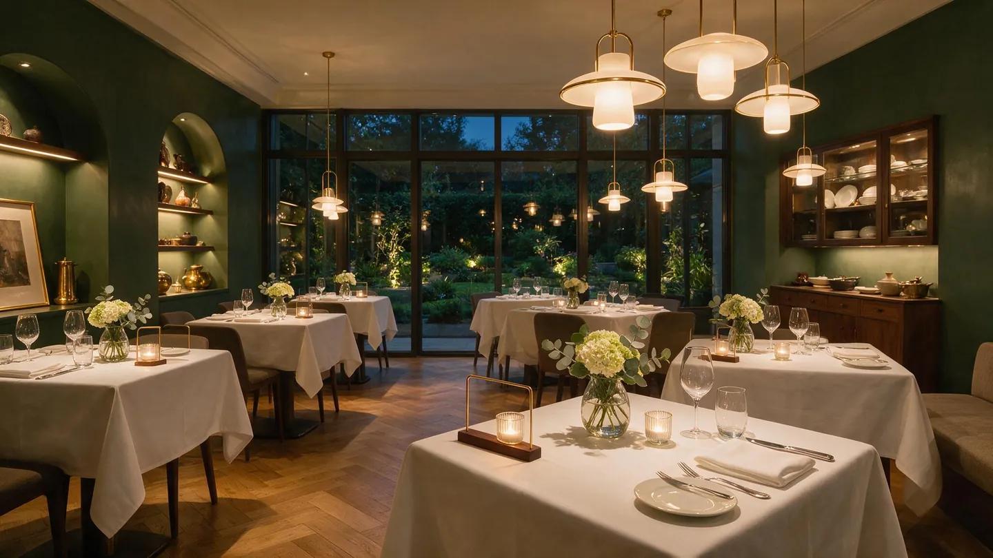 Eleganter Gastraum am Abend mit gedeckten Tischen und warmem Licht