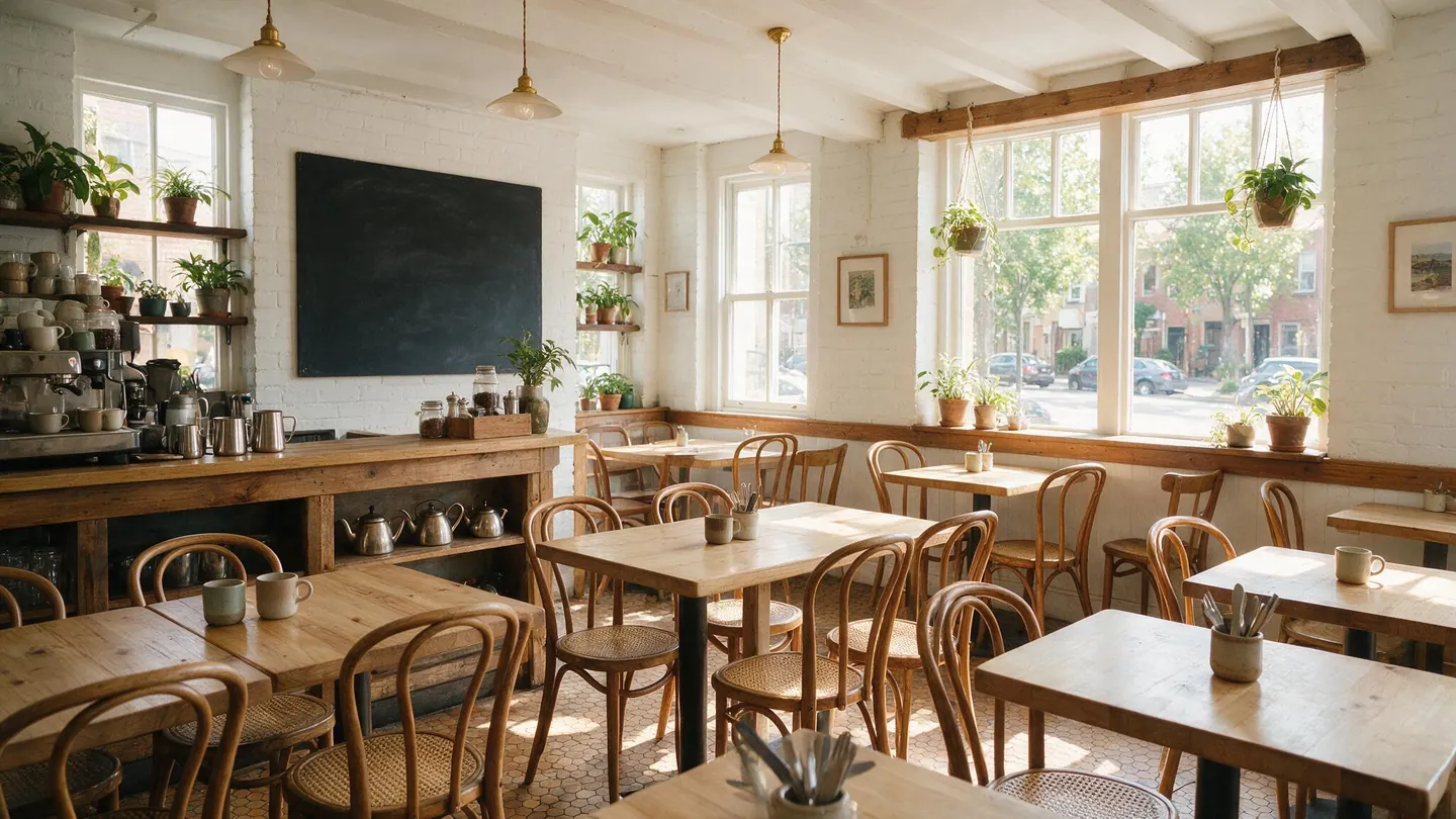 Helles Bistro mit Holztischen und großen Fenstern zur Straße