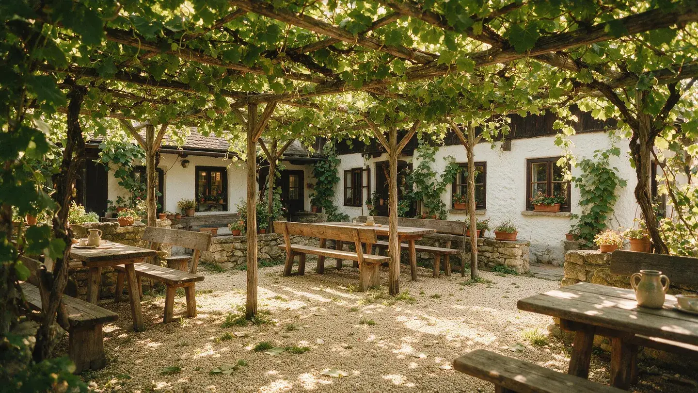 Heurigenhof mit Holzbänken unter einer Weinlaube