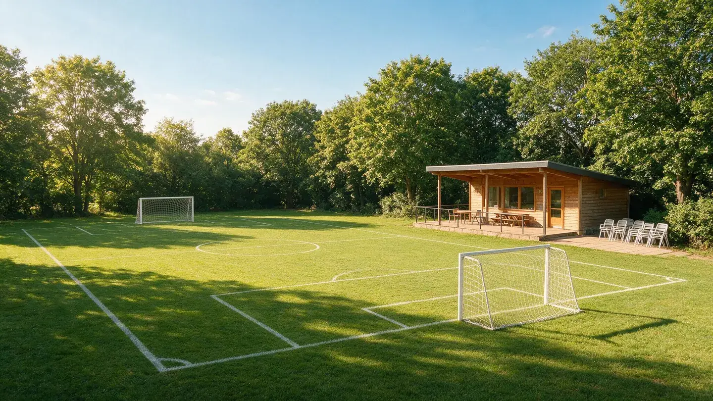 Sportplatz eines Amateurvereins mit Klubhaus am Rand