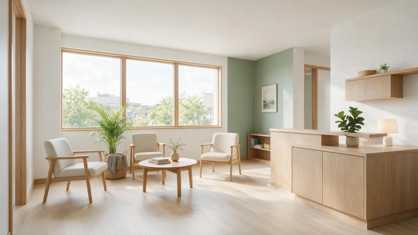 Heller Empfangsbereich einer Zahnarztpraxis mit Holz und ruhigen Farben