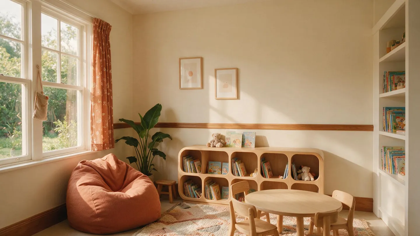 Warm eingerichtete Warteecke einer Familienzahnarztpraxis
