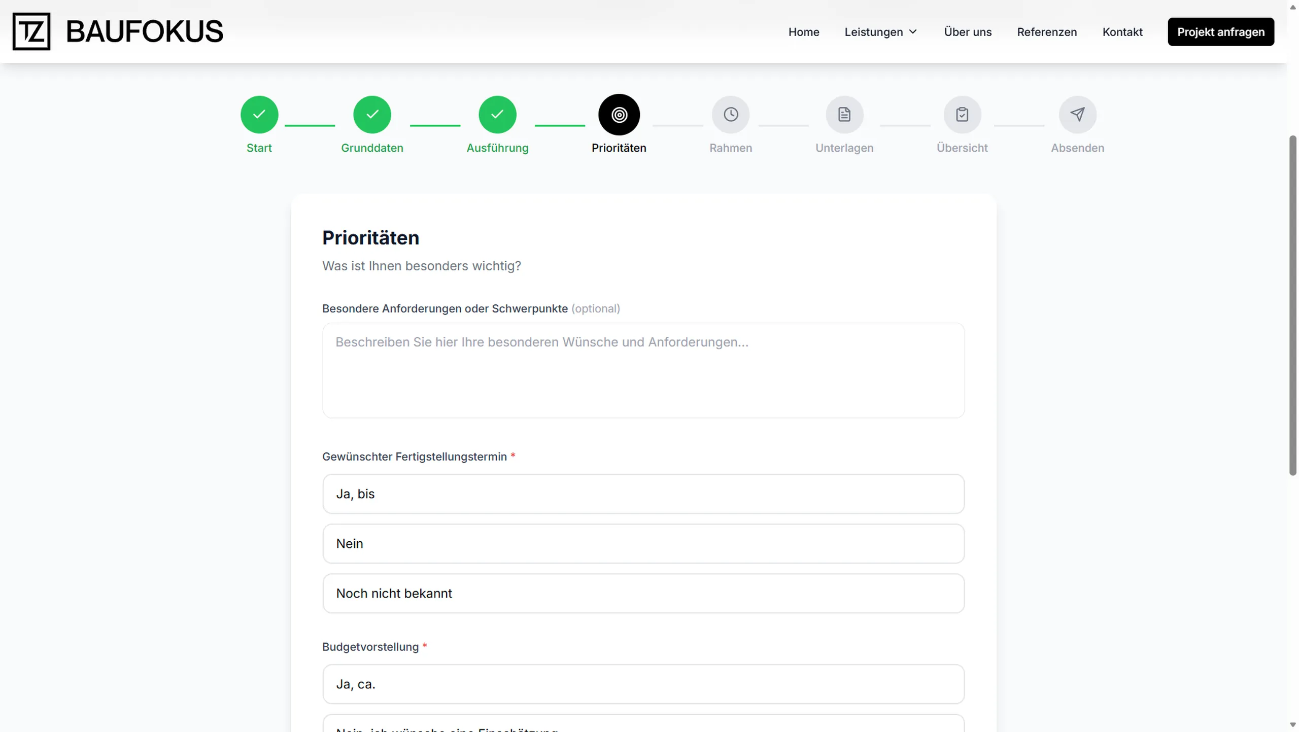 Projektanfrage Step 4 - Prioritäten